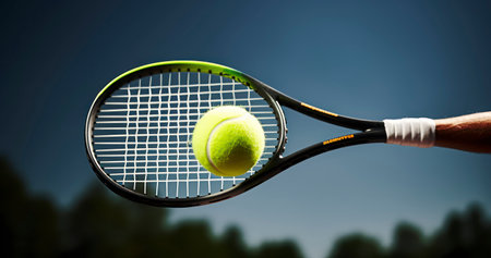 Close up of tennis racket and ball in air. Generative AIの素材