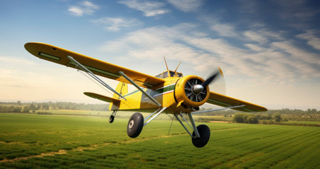 Yellow Plane in Low Flight, Spraying Agricultural Fieldsの素材