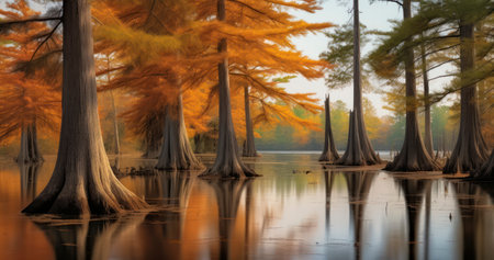 The Idyllic Autumn Setting of Trees and a Pond in a Touristic Parkの素材