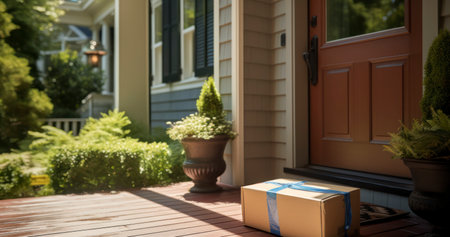A Close-Up Look at a Parcel Waiting Patiently Near a House's Front Doorの素材