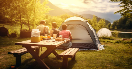 A Family's Camping Table, Perfectly Arranged for Vacation Diningの素材