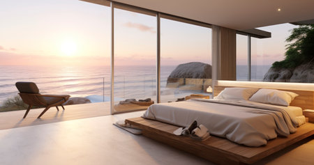 A Contemporary Bedroom Offering Panoramic Views of the Seaの素材