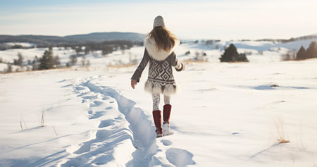 A Walk in Winter's Whisper. The Graceful Trek of a Woman in a Snow-Filled Fieldの素材