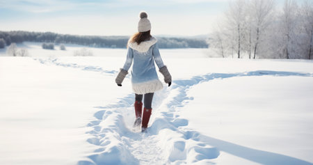 Solitude in the Snow - Capturing the Serene Journey of a Woman Walking in a Snowy Fieldの素材