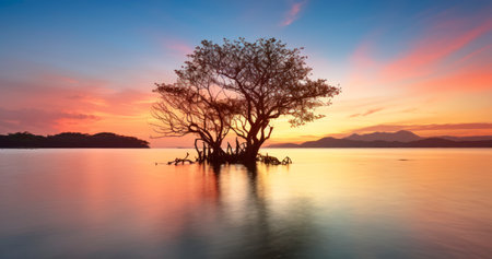Vibrant Vistas - Landscape beautiful mangrove tree with a colorful sunsetの素材