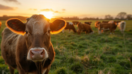 A farm scene during the golden hour, featuring curious cattle.の素材