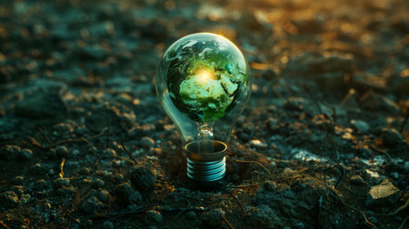 Green world map shines within clear light bulb on soil.の素材