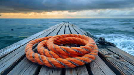 A Coiled Orange Rope Rests on Rustic Wood Planks by the Ocean's Edgeの素材