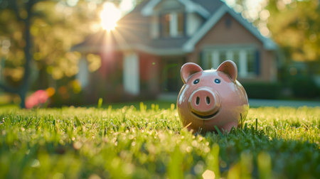 Piggy bank in sharp focus with a dreamy house in the background.の素材
