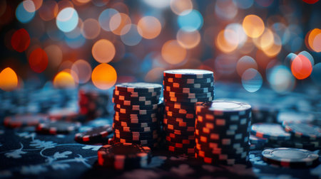 Stacks of poker chips in dim casino light with bokeh.の素材