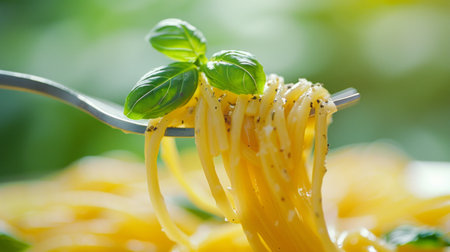 Twirling Spaghetti on a Fork, Adorned with a Basil Garnish in Gentle Daylightの素材