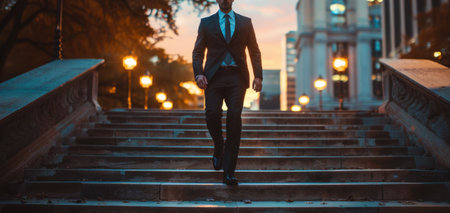 Man in suit strides confidently on urban steps at dusk.の素材