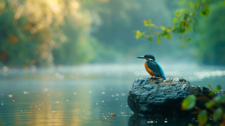 Solitary kingfisher waiting patiently on a serene riverside.の素材