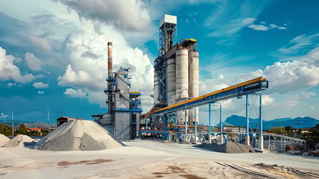 The Exterior of a Cement Factory Featuring Concrete Mixing Silos and Construction Facilitiesの素材
