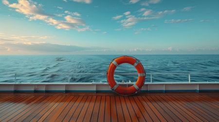 A lifebuoy on a ship's deck at sunsetの素材