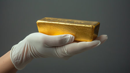 Close-up of a hand wearing a white glove holding a shiny gold bar, representing wealth, investment, and precious metalsの素材