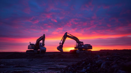Two excavators working at a construction site during a vibrant sunset, illustrating industrial activity and progressの素材