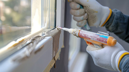 Applying sealant on a window frame with a caulking gun, showcasing home maintenance and repair workの素材