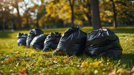 Several black garbage bags neatly lined up on green grass in a park during autumn, highlighting cleanliness and waste managementの素材