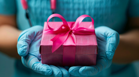 Hands holding a small gift box wrapped with a pink ribbon, representing giving and celebrationの素材