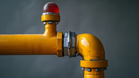 A close-up view of a yellow industrial pipe with a red valveの素材
