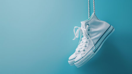 A pair of white sneakers hanging by their laces against a blue backgroundの素材