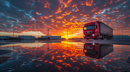 Truck parked on a wet pavement with a dramatic sunset sky, reflecting on the surface creating a striking sceneの素材