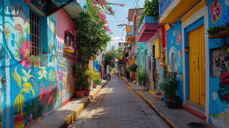 A colorful and vibrant alleyway adorned with various street art murals and decorationsの素材