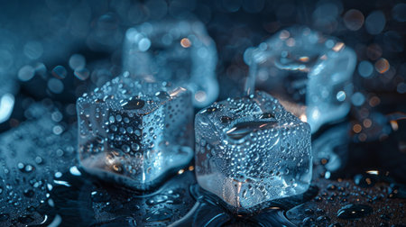 A detailed macro shot of ice cubes beginning to melt, surrounded by water droplets, captured with a cool color paletteの素材
