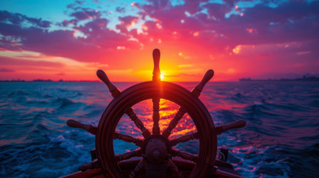 A beautiful sunset view from a ship's steering wheel at sea, symbolizing adventure and nautical journeyの素材