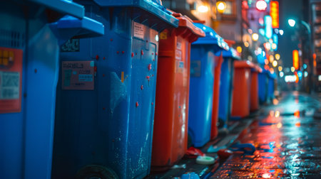Blue and red garbage bins neatly lined up on a wet city street at night with reflections of lights creating a vibrant sceneの素材