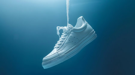 White sneaker suspended in the air against a minimalist blue background creating a modern and clean aestheticの素材