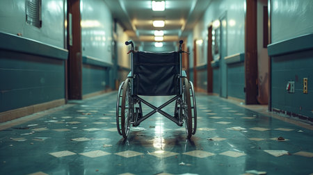 An empty wheelchair left in a quiet, deserted hospital hallway, creating a somber and reflective moodの素材