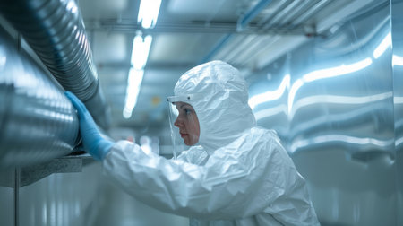 A technician in a cleanroom suit working in a high-tech laboratory with advanced equipmentの素材