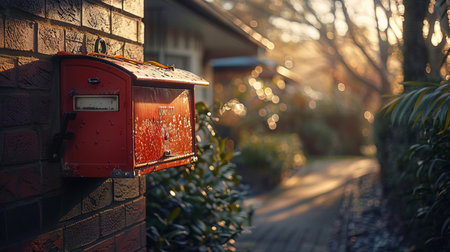 A classic red mailbox mounted on a brick wall, with a sunny garden in the backgroundの素材