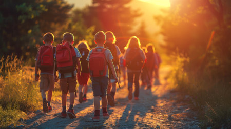A group of children with backpacks walking together on a nature trail, illuminated by the warm light of the setting sunの素材