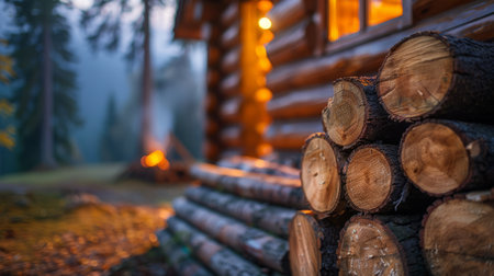 Stack of firewood logs outside a log cabin at dusk, emphasizing rustic living and preparation for winterの素材