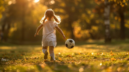 A young girl enjoying a game of soccer in a sunlit parkの素材