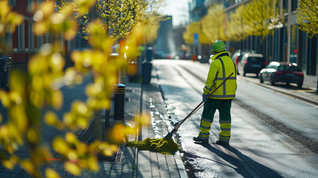 Street cleaner performing duties in an urban area early in the morning with sunlight streaming throughの素材