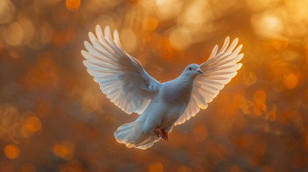 White dove flying with wings spread in front of a golden sunset backgroundの素材