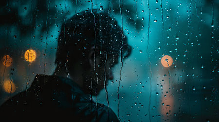 Person standing by a window with raindrops on the glass and blurred lights in the backgroundの素材