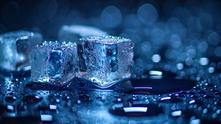 Melting ice cubes on a wet surface with a blue bokeh background captured in close-upの素材