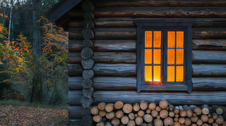 A log cabin in the woods with a glowing window at dusk, highlighting a cozy and rustic atmosphereの素材