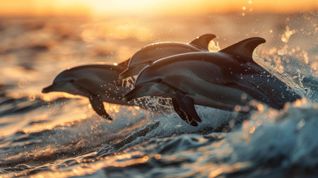 Dolphins leaping out of the ocean at sunset, illustrating a vibrant and dynamic marine life sceneの素材