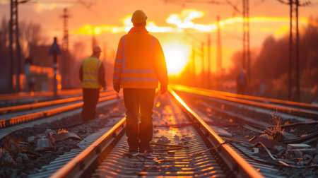 Railway workers walking along train tracks at sunset, wearing high visibility vests, in an industrial settingの素材