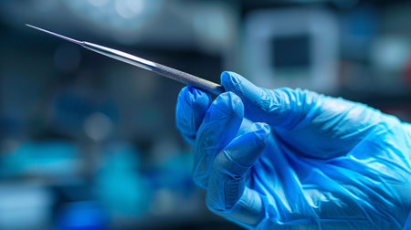 Close-up of a scientist's gloved hand holding a laboratory tool, highlighting precision and safetyの素材