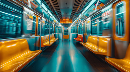 An empty subway car with bright lights and a clean interior, showcasing a modern transportation settingの素材