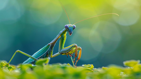 Close-up of a praying mantis perched on a green leaf, with a soft focus background highlighting the insectの素材