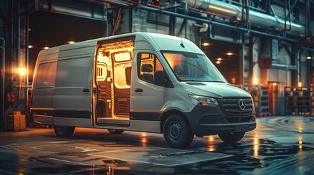 Delivery van parked in an industrial area at night with glowing lights and a busy atmosphereの素材