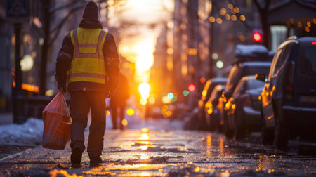 A city worker in a high visibility vest walking on a street at sunrise with city lights and cars in the backgroundの素材